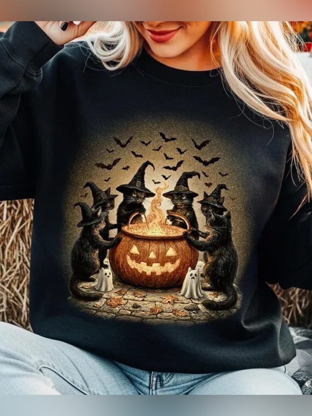 Festive Black Cat Halloween Sweatshirt with Pumpkin Cauldron